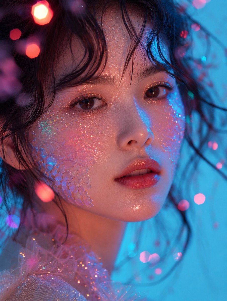 超写实电影感美妆人像，年轻东亚女性，极致特写头像，面部完美对称，瓷器般光泽肌肤呈现自然次表面散射，温暖棕色大眼睛带有细腻反光，柔和光泽的珊瑚粉唇微张，精致挺直…