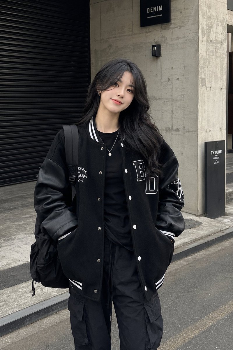 一张潮流街头服饰时尚人像照：一位时尚年轻女性自信地站在一座现代工业建筑前，建筑拥有混凝土墙面和一扇黑色金属卷帘门。她身穿一件超大版型的黑色棒球外套，袖部为皮革材质，外套上有醒目的…