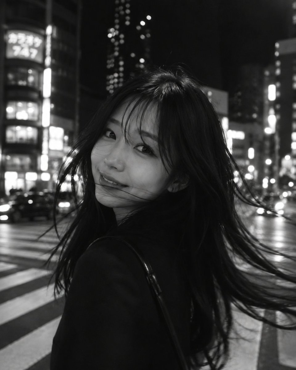 一张黑白电影感的城市夜景摄影作品，采用长曝光与刻意营造的运动模糊。画面前景中是一位年轻女子，略微偏离中心，正在转身的瞬间，她的长发以柔和、如幽灵般的发丝划过画…