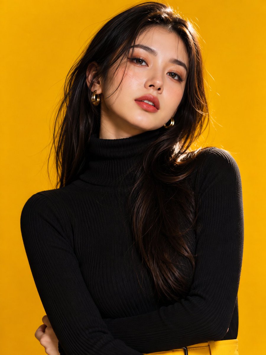 一位魅力四射、倾国倾城的年轻日本女性,在奢华时装工作室中自信地摆出姿势,背景为无缝的鲜艳金黄色。她拥有无瑕的瓷白肌肤,丝般顺滑的乌黑长发带着柔和的天然波浪,垂落在一边肩膀上;温润…