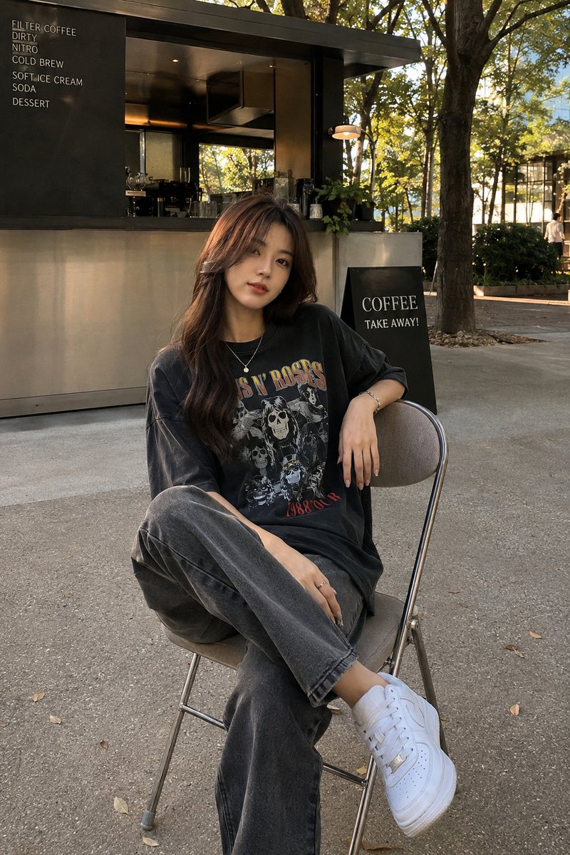 一位时尚的年轻女子随意地坐在一个现代折叠椅上，背景是一个极简风格的户外咖啡小亭。她身穿一件超大版型的复古水洗黑色乐队图案T恤，搭配宽松的灰色直筒牛仔裤，脚踩干…