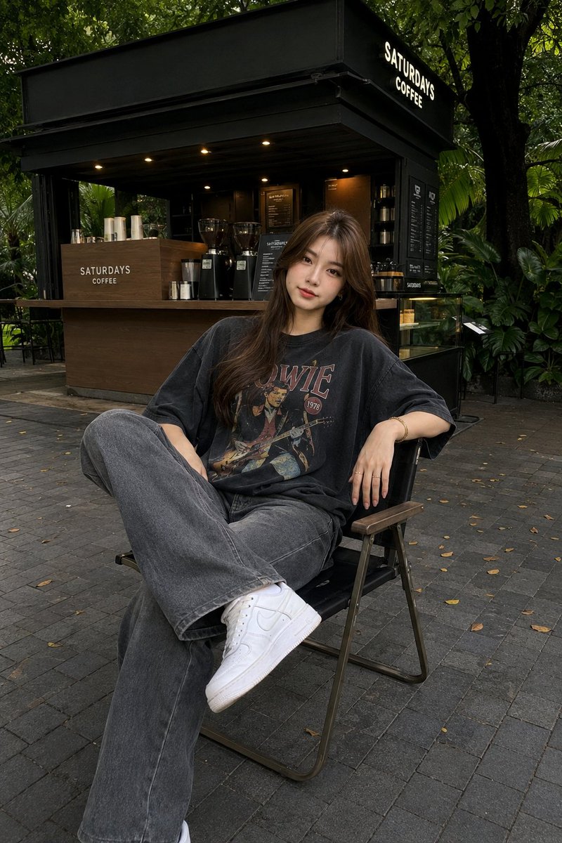 一位时尚的年轻女子随意地坐在一个现代折叠椅上，背景是一个极简风格的户外咖啡小亭。她身穿一件超大版型的复古水洗黑色乐队图案T恤，搭配宽松的灰色直筒牛仔裤，脚踩干净的白色运动鞋。她有…