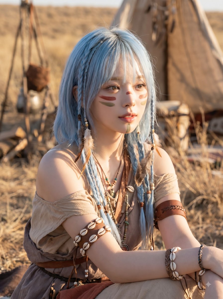 使用上传的肖像作为人物面部、面部结构、眼睛、鼻子、嘴唇、肤色、发型、原始发色和整体气质的身份参考。 创建一个高质量、逼真的电影感肖像,将同一个人塑造为部落波西米亚沙漠旅行者/游牧…