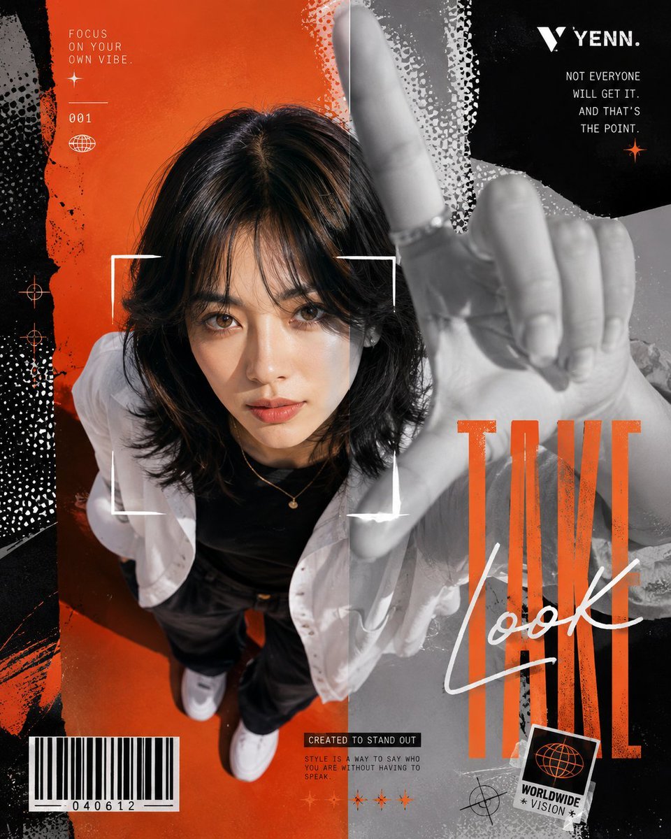 现代时尚编辑海报,采用大胆的Y2K街头服饰图形设计风格。 一位年轻女性留着黑色短波波头与齐平直刘海,自信而平静地直视镜头。 采用广角镜头(约24mm)从极具戏…