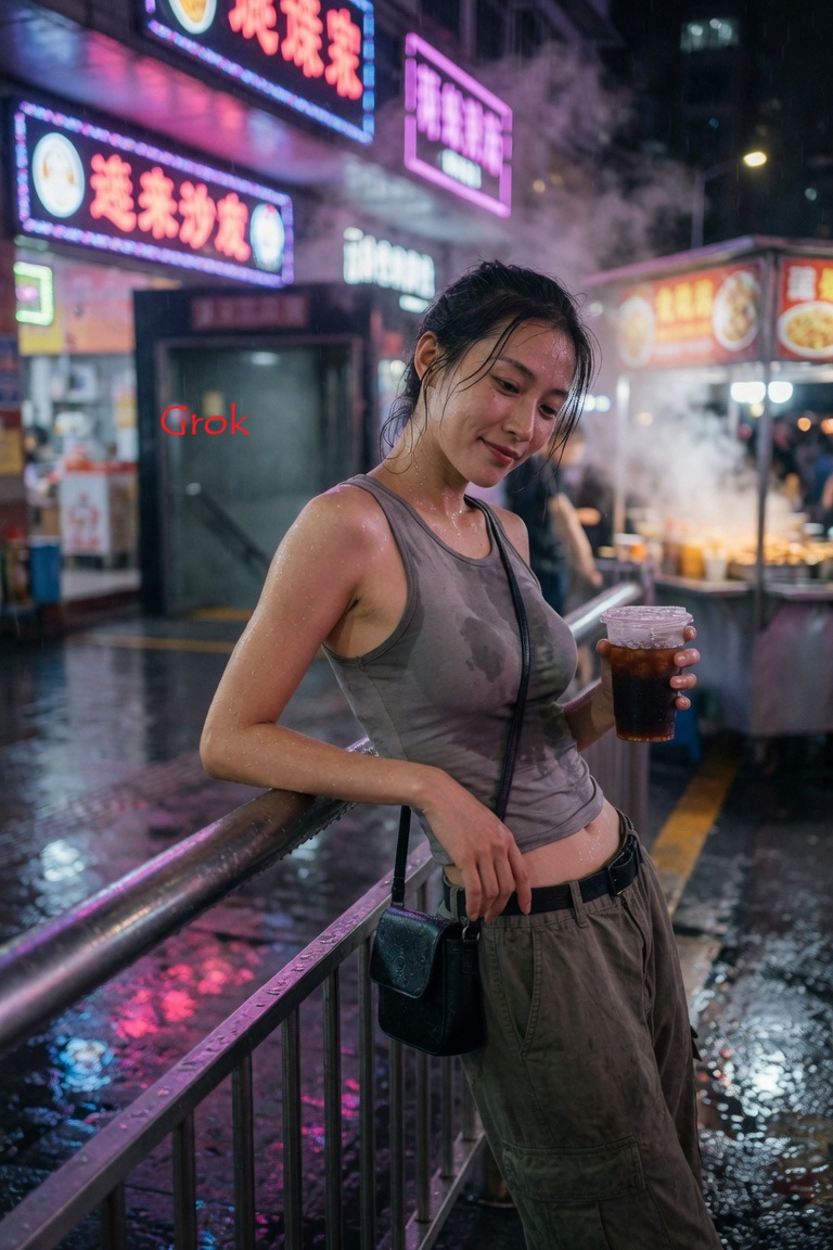 3:4，iPhone 17 35mm 镜头抓拍的真实生活照片。 主体：25 岁以上的中国女性，身材修长健美，自然的面部特征，穿着紧身灰色背心，因闷热潮湿而略微…