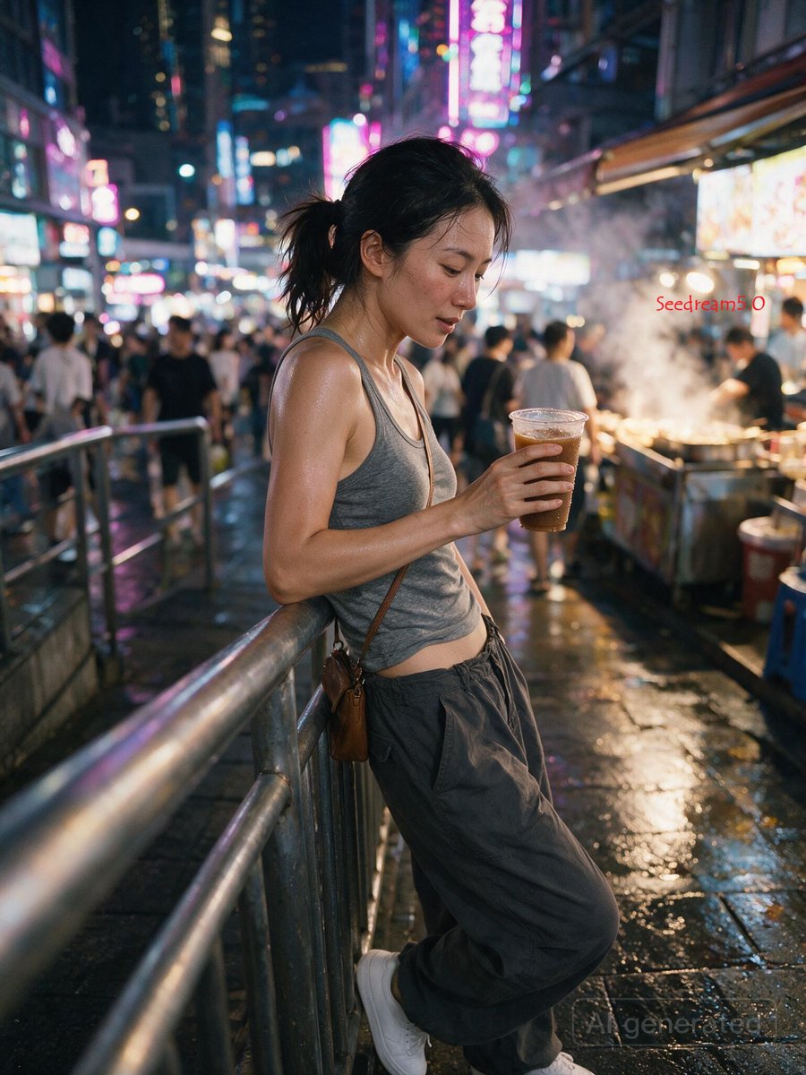 3:4，iPhone 17 35mm 镜头抓拍的真实生活照片。 主体：25 岁以上的中国女性，身材修长健美，自然的面部特征，穿着紧身灰色背心，因闷热潮湿而略微贴合皮肤，宽松工装裤…