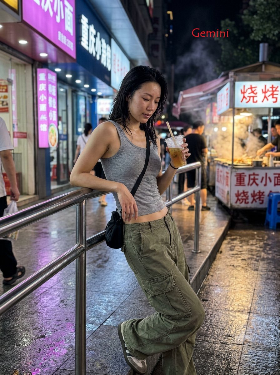 3:4，iPhone 17 35mm 镜头抓拍的真实生活照片。 主体：25 岁以上的中国女性，身材修长健美，自然的面部特征，穿着紧身灰色背心，因闷热潮湿而略微贴合皮肤，宽松工装裤…