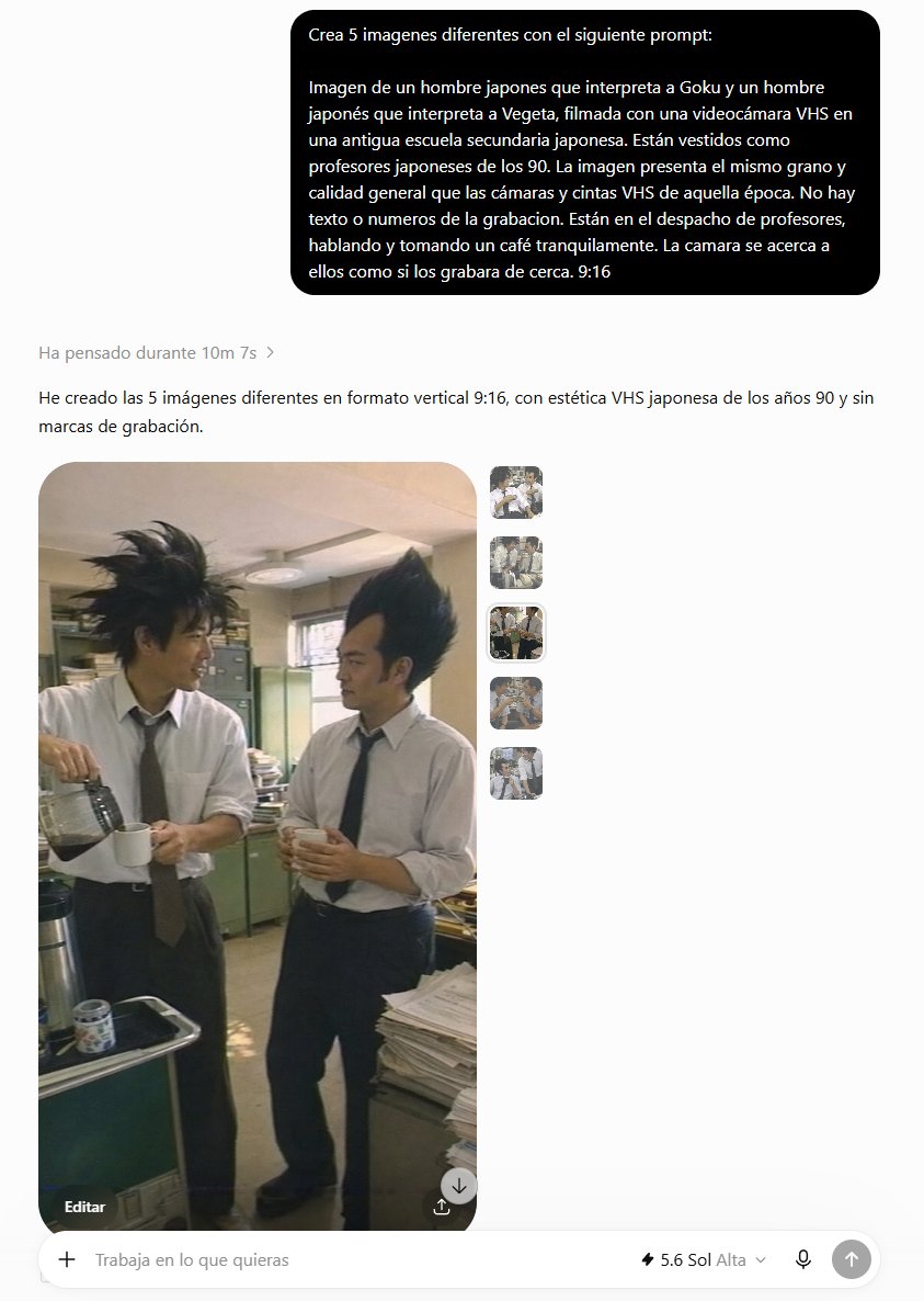 一张由日本男子扮演悟空、另一名日本男子扮演贝吉塔的画面,使用 VHS 摄像机在一所古老的日本高中内拍摄。他们装扮成 1990 年代的日本教师。他们身处教师办公室中,一边聊天一边随…
