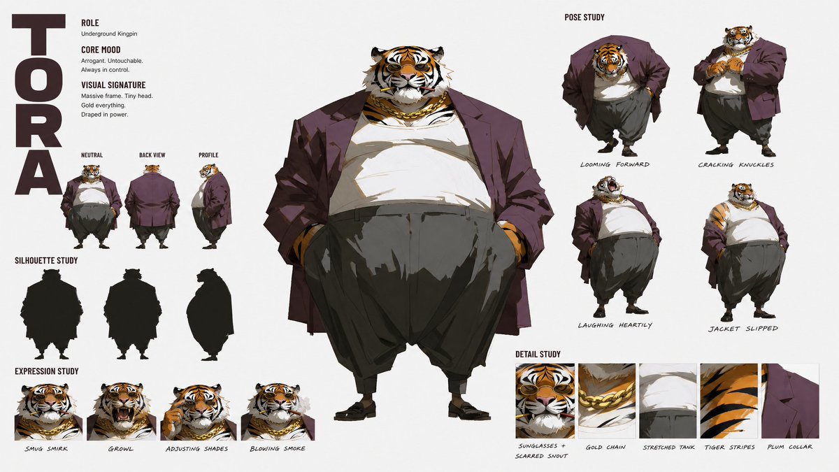 创建一个高端、现代高级时装的角色概念设定表（CHARACTER CONCEPT ART SHEET），采用 16:9 宽屏布局，背景为纯白色。所附参考图即为本…
