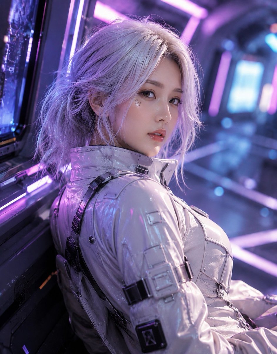 GPT image 2.0 提示词 1:超写实赛博朋克风格年轻美丽女性肖像,无瑕瓷白肌肤,精致东亚面部特征,肩长凌乱铂金白发带淡紫色高光,宽松低马尾并有碎发修饰脸型,大而柔和的灰…