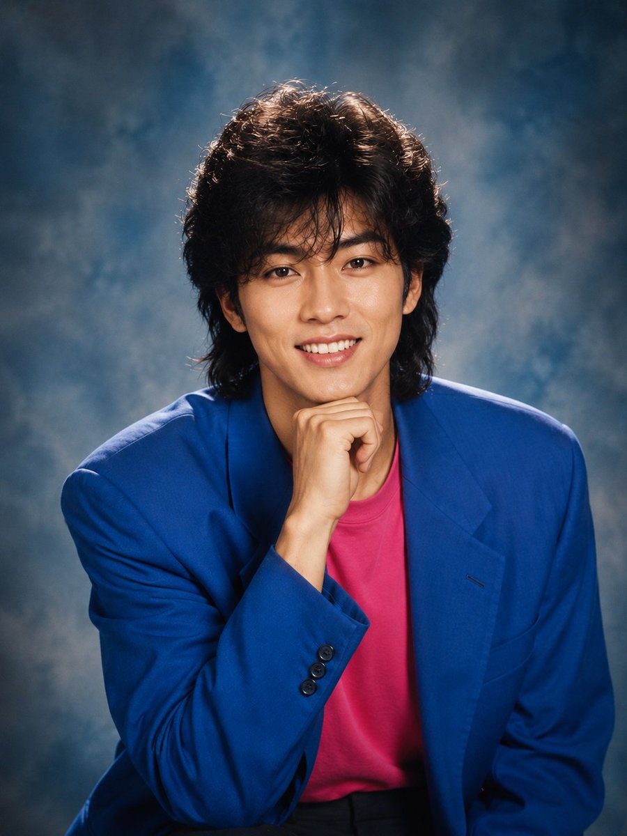 一张怀旧风格的1980–1990年代灵感工作室肖像照,主体为一位年轻的东亚男性,留着浓密蓬松的复古波浪黑色mullet(高层次)发型,肤色白皙透亮,妆容自然柔和,眉形分明,拥有一…