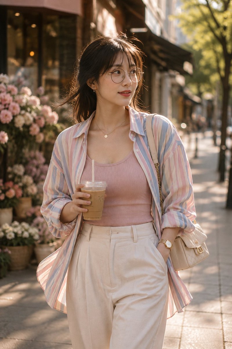 电影感的街拍人像：一位年轻女性走在阳光明媚的城市人行道上，戴着圆形细框眼镜，身穿粉彩色粉红、蓝色与奶油色竖条纹宽松纽扣衬衫（敞开穿着），内搭罗纹粉色吊带背心…