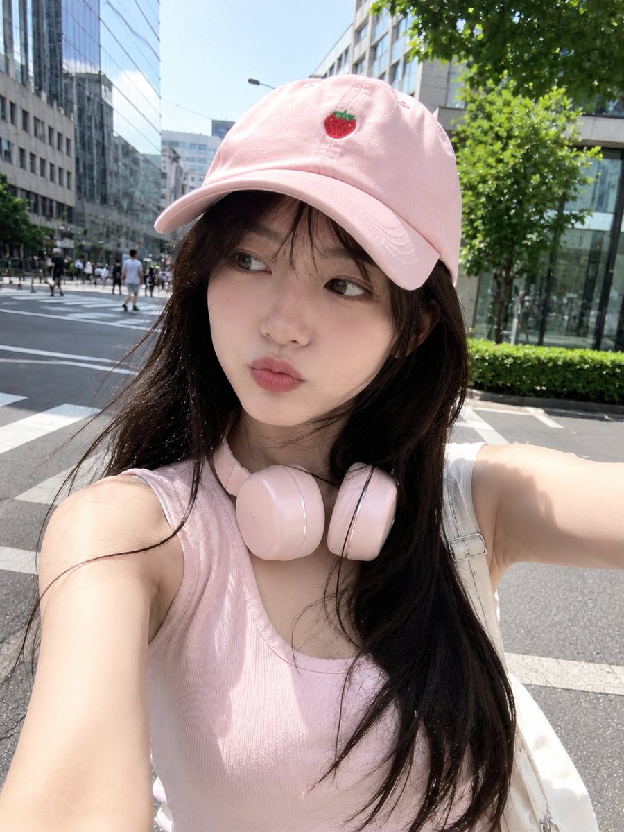 超写实智能手机自拍照：一位可爱的年轻日本女性在阳光明媚的日子里走过现代都市。她拥有白皙的瓷肌，乌黑的长棕色头发在风中飘扬，正俏皮地眨眼并嘟嘴。她头戴一顶浅粉色棒球帽，上面绣着一颗…