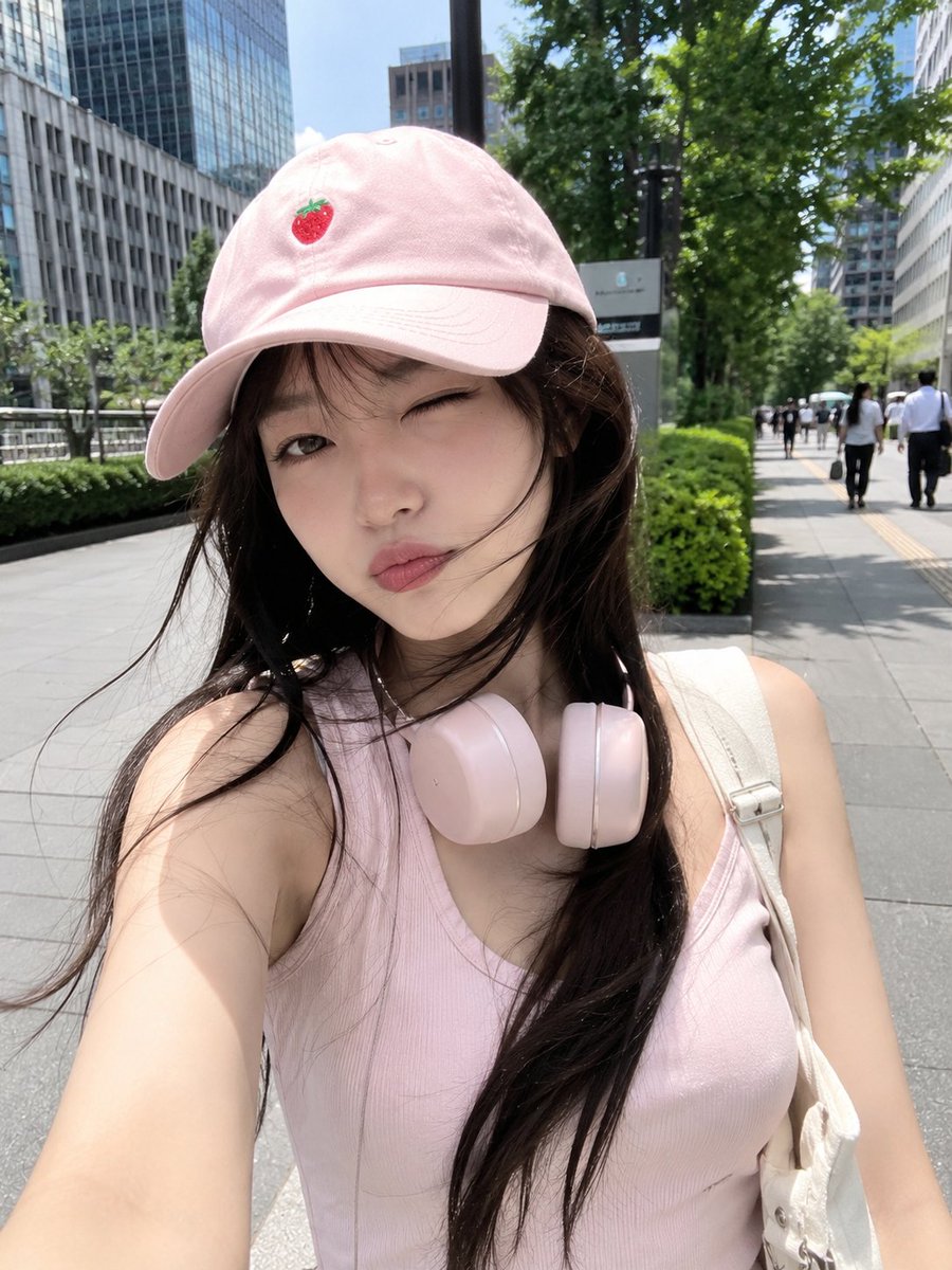 超写实智能手机自拍照：一位可爱的年轻日本女性在阳光明媚的日子里走过现代都市。她拥有白皙的瓷肌，乌黑的长棕色头发在风中飘扬，正俏皮地眨眼并嘟嘴。她头戴一顶浅粉色棒球帽，上面绣着一颗…