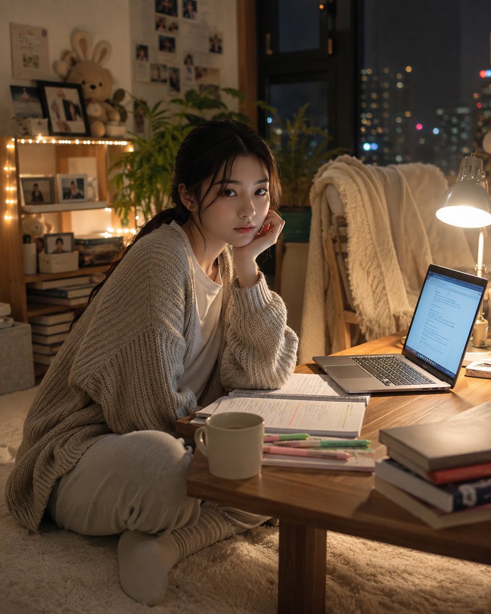 超写实风格的韩式温馨书房人像:一位美丽的韩国女性夜晚盘腿坐在低矮书桌旁的柔软地毯上,身体微微前倾,下巴轻轻搭在一只手上,以平静专注的神情望向镜头,仿佛刚从笔记中抬起头来瞥了一眼…