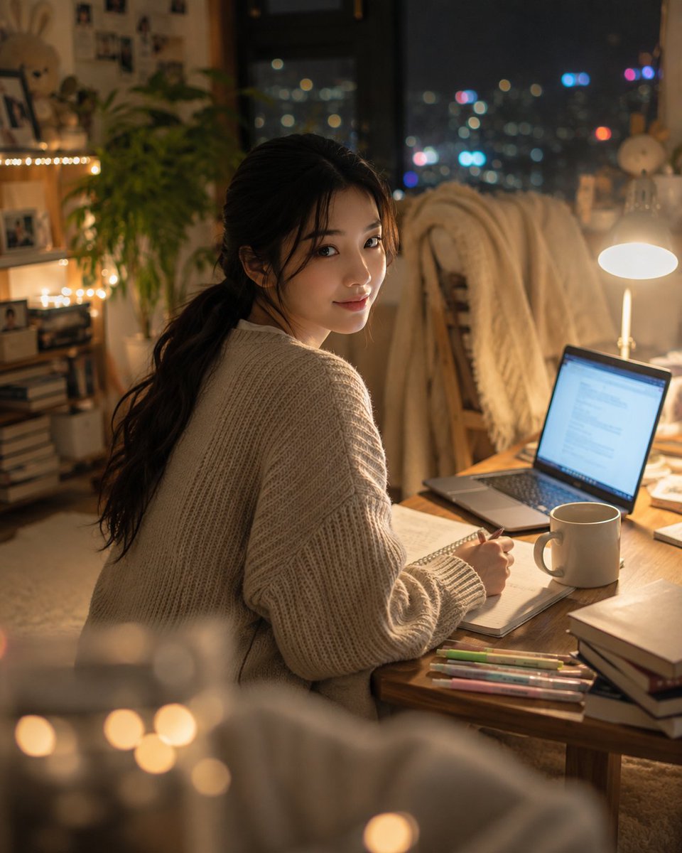 超写实风格的韩式温馨书房人像:一位美丽的韩国女性夜晚盘腿坐在低矮书桌旁的柔软地毯上,身体微微前倾,下巴轻轻搭在一只手上,以平静专注的神情望向镜头,仿佛刚从笔记中抬起头来瞥了一眼…
