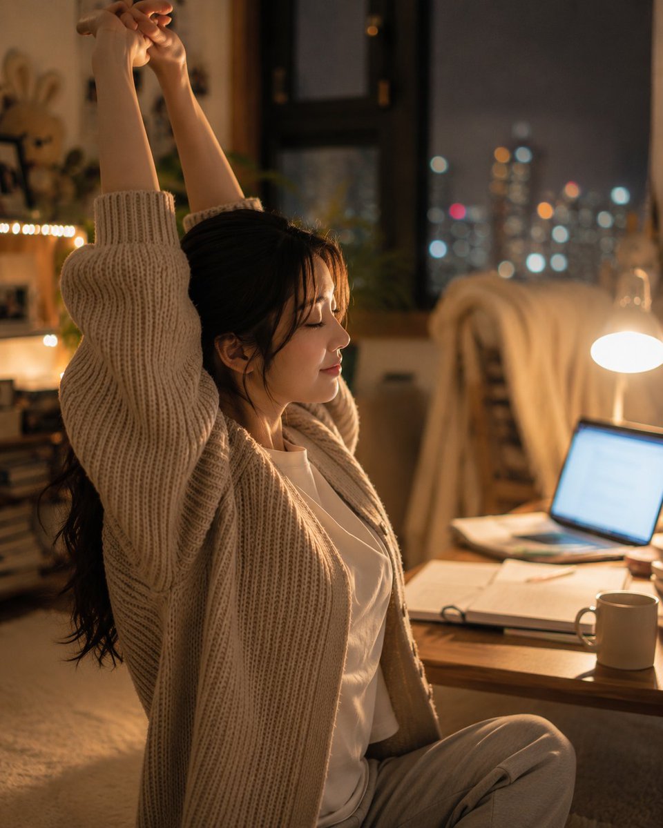 超写实风格的韩式温馨书房人像:一位美丽的韩国女性夜晚盘腿坐在低矮书桌旁的柔软地毯上,身体微微前倾,下巴轻轻搭在一只手上,以平静专注的神情望向镜头,仿佛刚从笔记中抬起头来瞥了一眼…