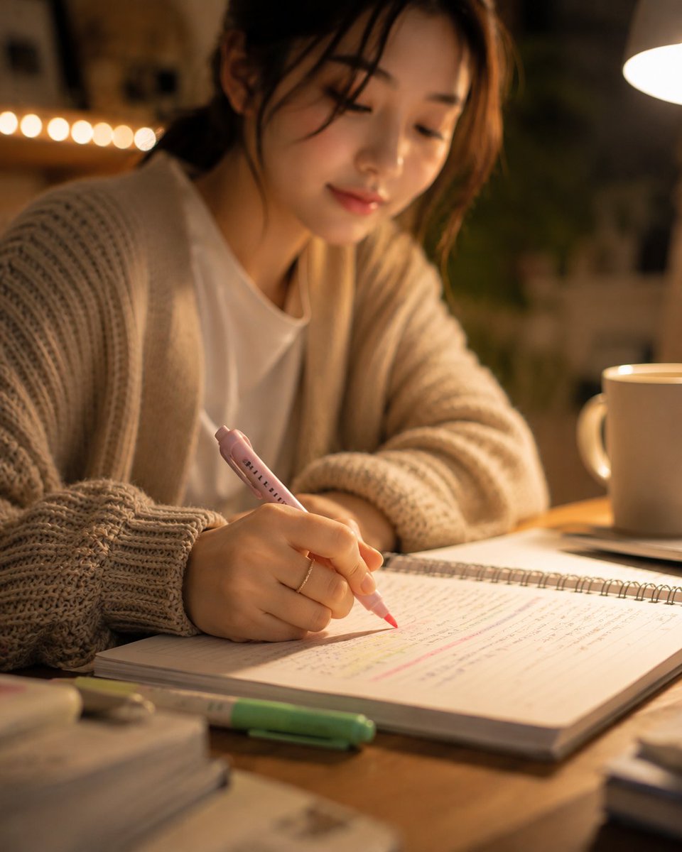 超写实风格的韩式温馨书房人像:一位美丽的韩国女性夜晚盘腿坐在低矮书桌旁的柔软地毯上,身体微微前倾,下巴轻轻搭在一只手上,以平静专注的神情望向镜头,仿佛刚从笔记中抬起头来瞥了一眼…