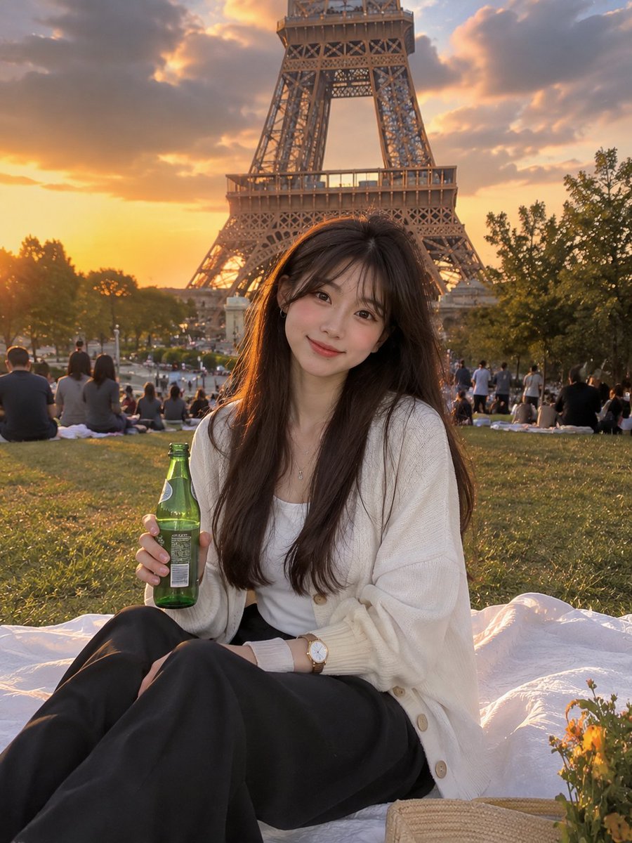 一位美丽的年轻女子在黄金时刻的埃菲尔铁塔下，坐在一张白色野餐毯上，温暖地微笑着，手持一只绿色玻璃瓶。她身着一件舒适的白色开衫，内搭白色上衣，下着优雅的黑色长裤，佩戴极简风格的腕表…