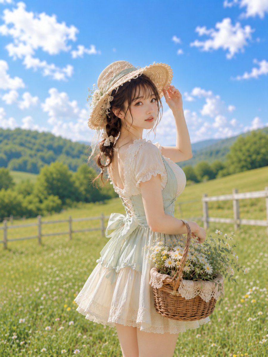 主題: 牧草に運ぶ白い花 主体: 白い小花が咲く明るい草原で、淡いセージ色と白の田園風ドレス、花飾りの麦わら帽子を身につけた若い女性が、白い花を満たした籐籠を持って振り返る太腿上…