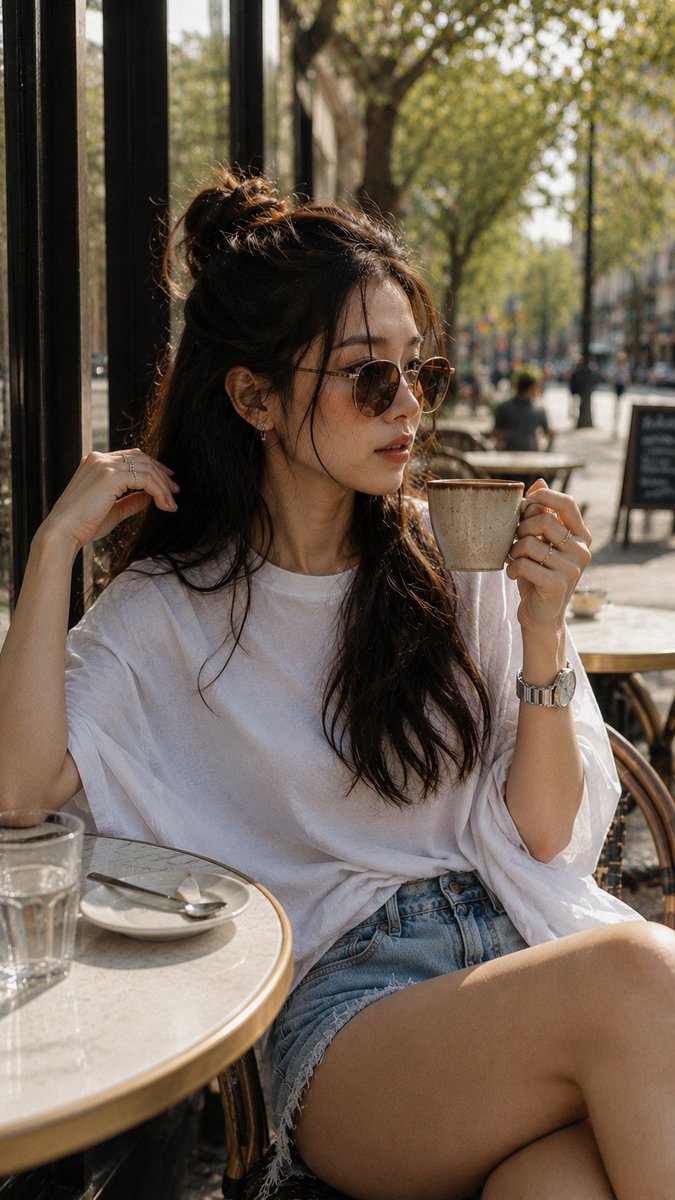 完整保留模特的五官特征,不做任何改动。打造电影感人像,呈现细腻的模拟胶片颗粒、丰富的质感,以及高度真实的肌肤——保留自然毛孔,呈现哑光、无塑料感的妆面。 一位时尚年轻女性在晴朗的…