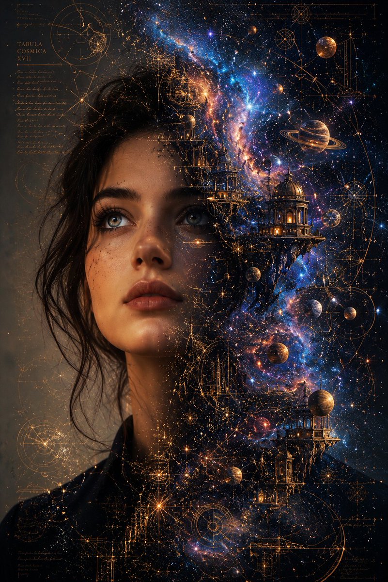 宇宙制图师 一位思绪本身就成为宇宙的女性。半幅肖像，半幅天体杰作——发丝中流淌着璀璨星云，星座化作古老的星图，金色蓝图揭示出散布于宇宙间的隐秘天文台。 倘若每一个念头都能重绘宇宙…