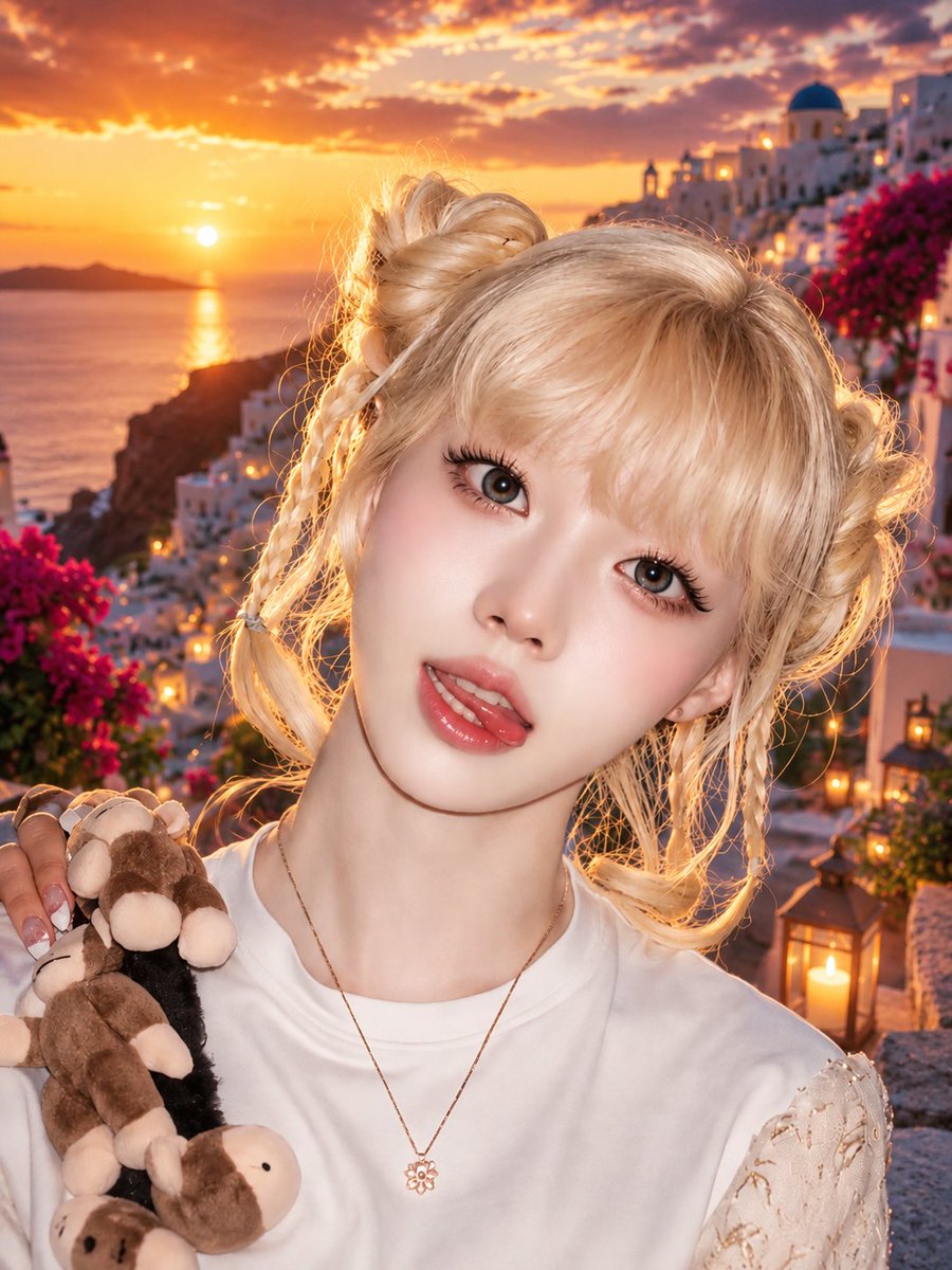 一张惊艳的超近距离美妆人像特写：一位年轻的东亚女性，柔顺的铂金色头发梳成两个俏皮的丸子头，额前点缀着几缕精致的编发，柔和地修饰脸型。她拥有无瑕的瓷白肌肤，灰棕色大眼睛闪烁着晶莹光…