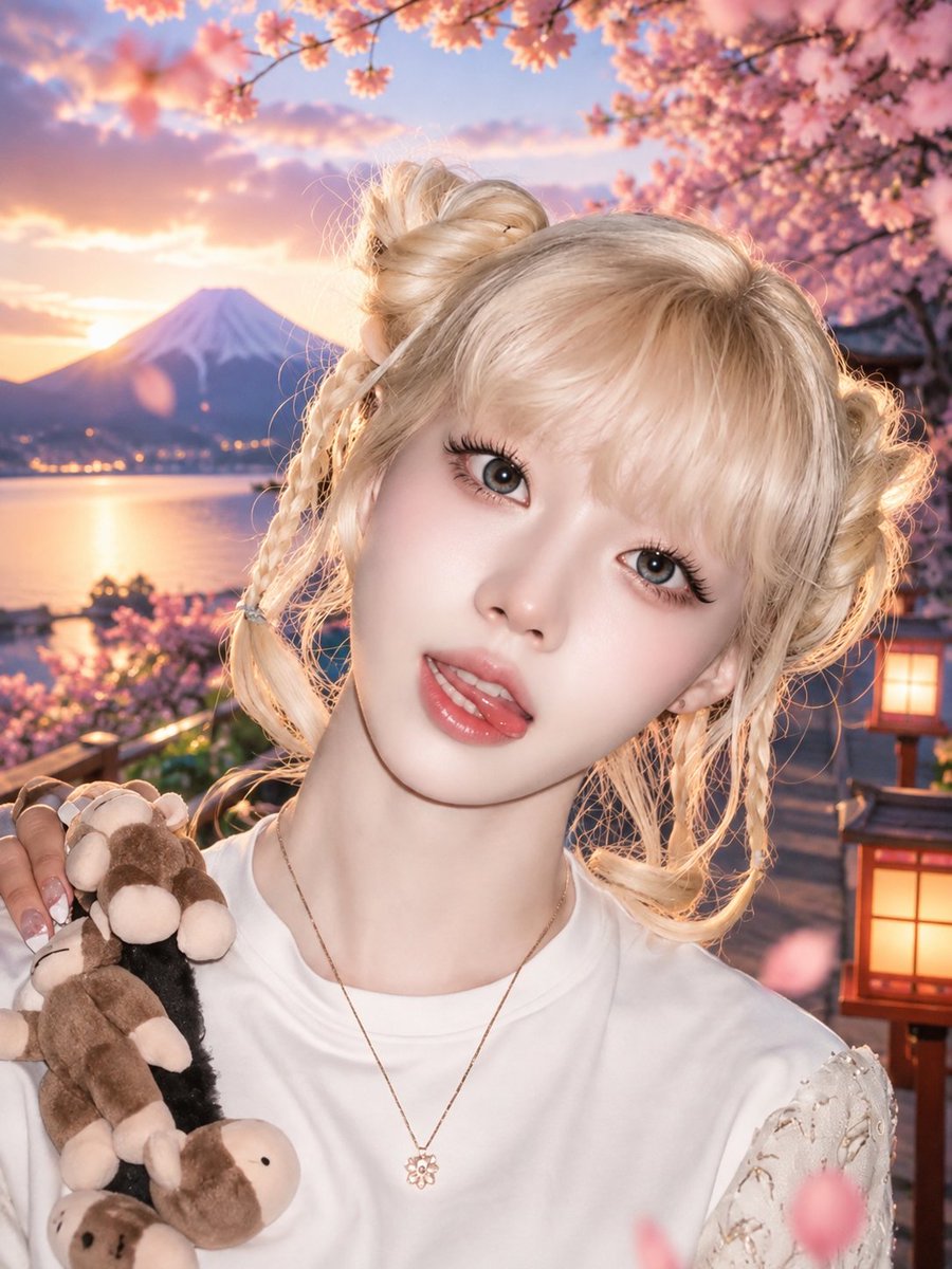 一张惊艳的超近距离美妆人像特写：一位年轻的东亚女性，柔顺的铂金色头发梳成两个俏皮的丸子头，额前点缀着几缕精致的编发，柔和地修饰脸型。她拥有无瑕的瓷白肌肤，灰棕色大眼睛闪烁着晶莹光…