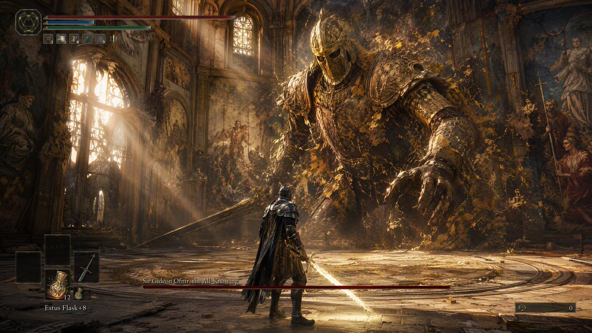 AAA 级奇幻动作 RPG 游戏玩法截图，第三人称视角，位于一座被改造成魔法活体绘画的巨大废弃大教堂内部。古老的石材大理石建筑覆盖着巨型文艺复兴风格的壁画，画…