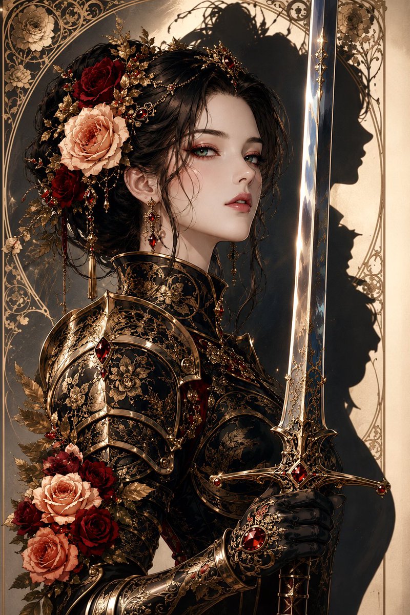 一幅引人注目的竖版奇幻动漫肖像画，描绘一位优雅的女战士身穿镶嵌有黑、棕褐与金色的精致雕花铠甲，呈四分之三侧面视角。她将一把修长而光亮的剑竖直握在脸旁，剑刃反射…