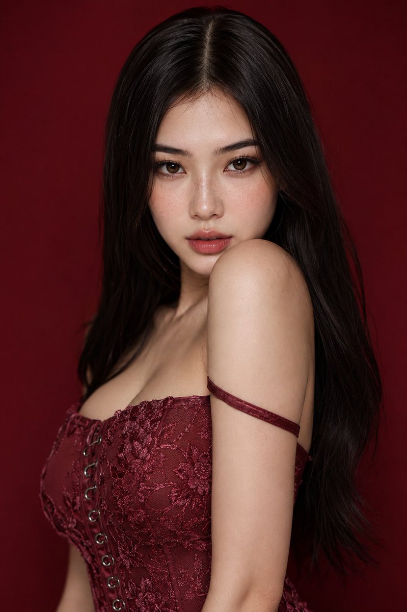 ChatGpt 图像 #提示词 一张照片级真实感的高端时尚美妆人像，画面中是一位虚构的二十出头的成年东亚女性，背靠无缝深酒红色摄影棚背景摆姿。她有一头长而顺直…