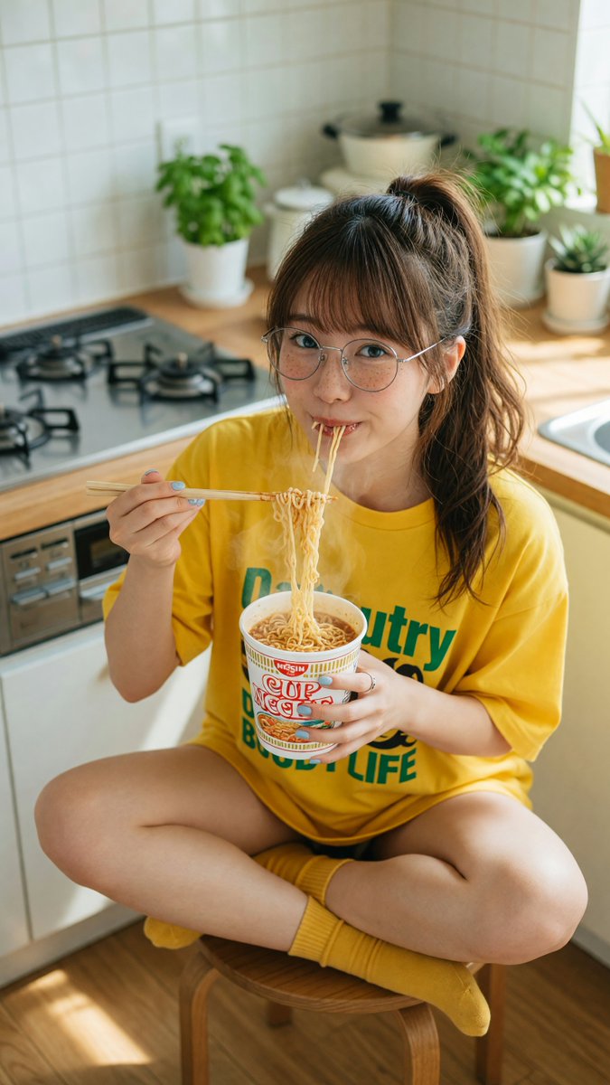 [Grok 图像质量提示词] | ar 9:16 2K 创建于 @TopviewAIhq @topviewaijp #Topview 吃面条 俯视特写肖像：一位可爱的年轻日本女性…