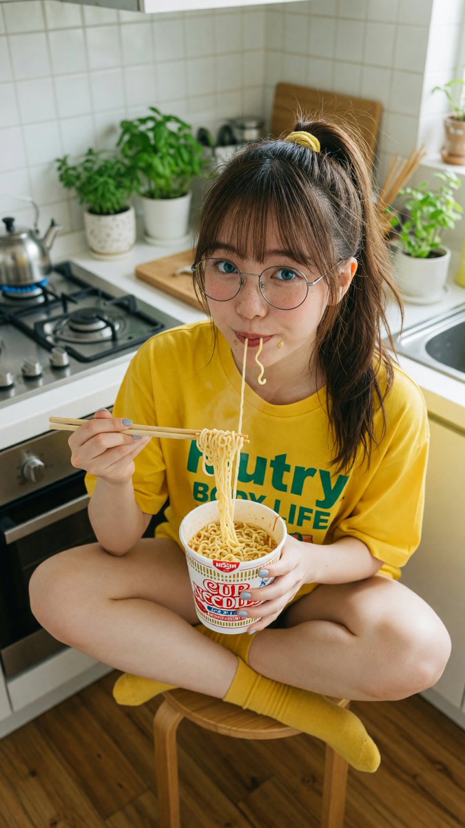 [Grok 图像质量提示词] | ar 9:16 2K 创建于 @TopviewAIhq @topviewaijp #Topview 吃面条 俯视特写肖像：一位可爱的年轻日本女性…