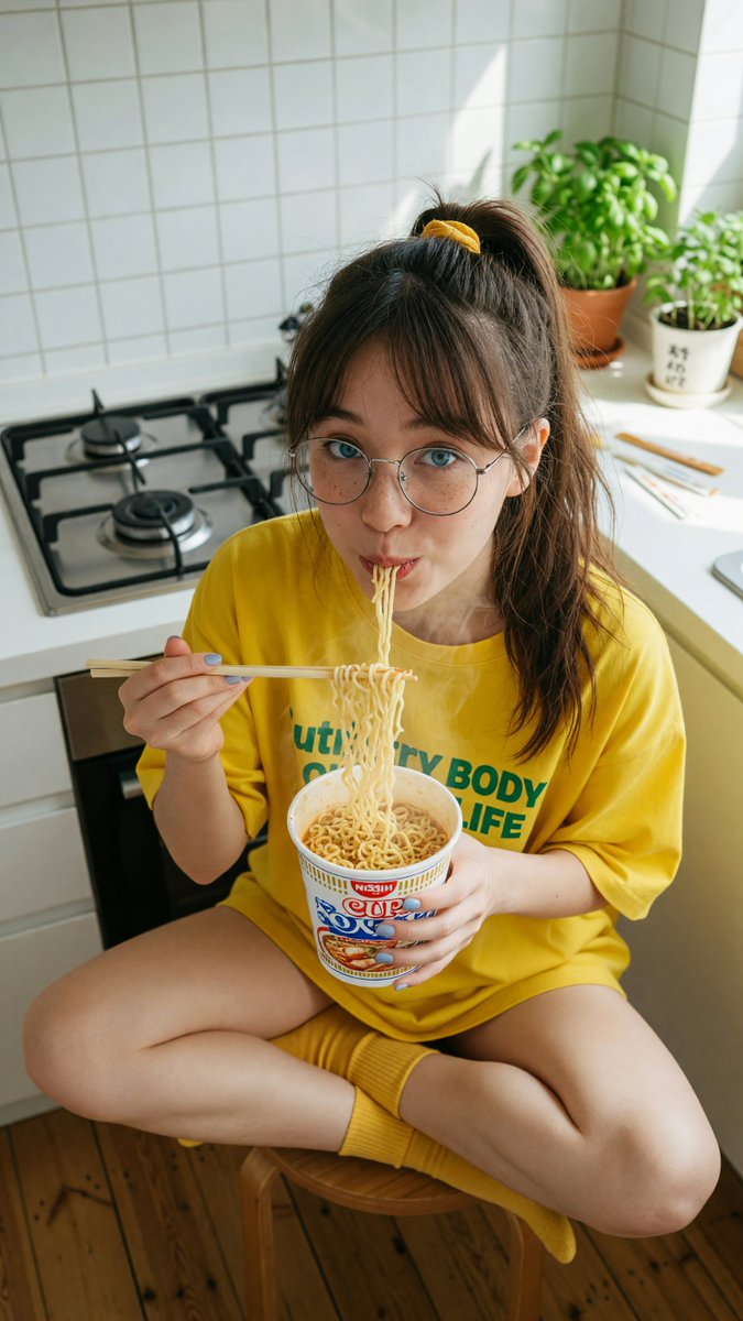[Grok 图像质量提示词] | ar 9:16 2K 创建于 @TopviewAIhq @topviewaijp #Topview 吃面条 俯视特写肖像：一位可爱的年轻日本女性…