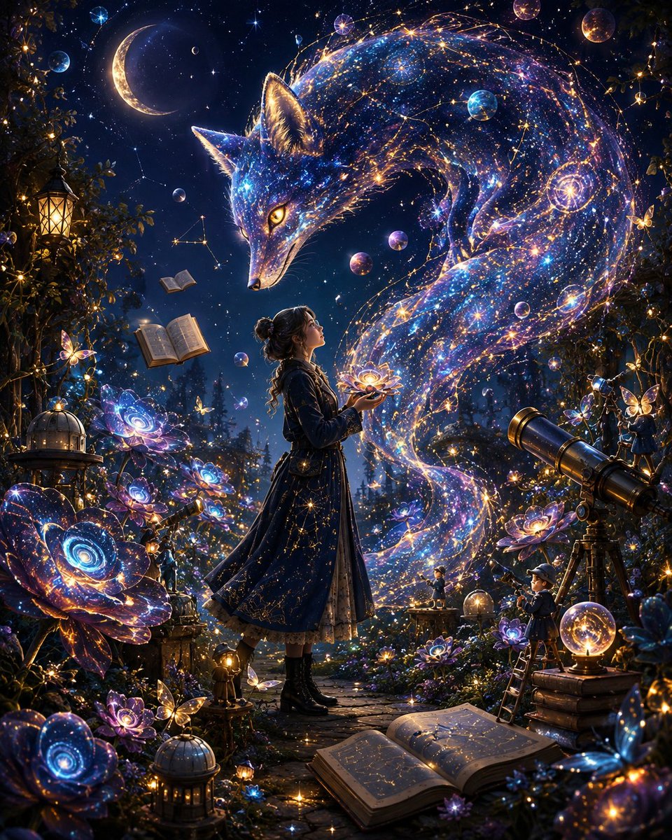 天文学家的秘密花园 🌙🦊 有些谜团并非藏在星辰之中。 它们在我们内心深处悄然绽放。 每个夜晚，她都在天空中搜寻答案。 直到她发现，宇宙一直就在她脚下悄然生长。 有时最伟大的发现并…