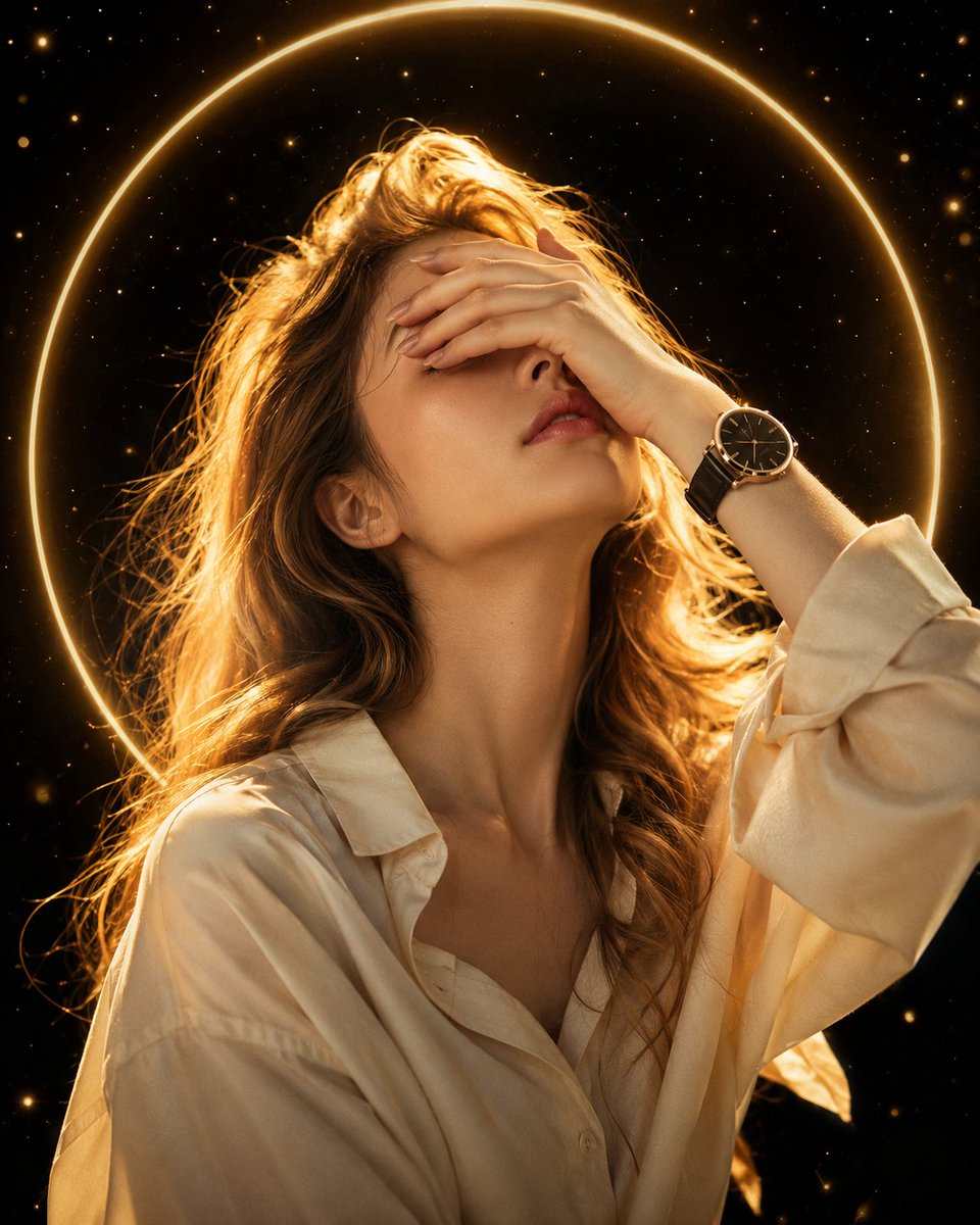 一幅梦幻电影感的肖像照，画面中是一位美丽的年轻女性，留着长而波浪状的金色长发，身穿米白米色超大号衬衫，佩戴黑色皮表带奢华腕表。她微微仰起头，一只手轻遮双眼，展…