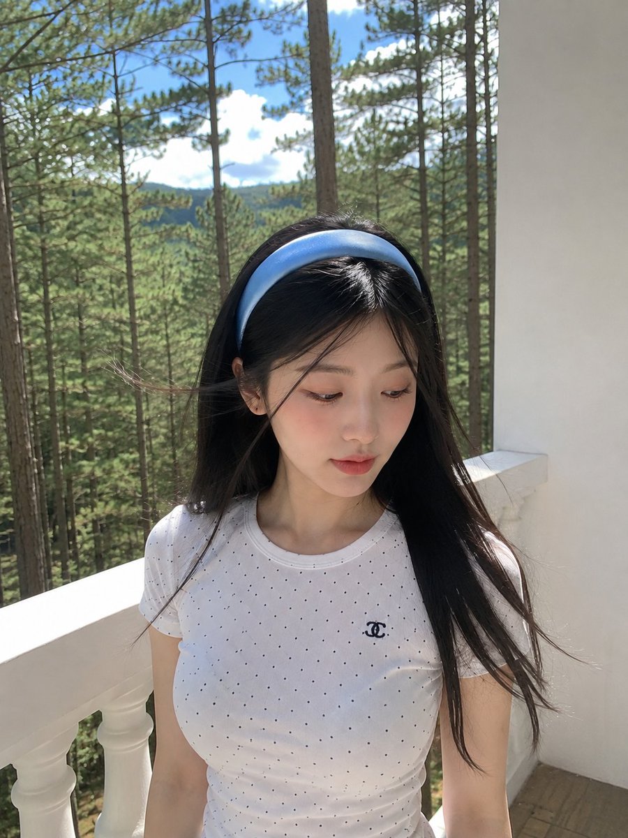 超写实的智能手机照片：一位美丽的年轻日本女性站在被宁静松林环绕的白色阳台上。她拥有白皙的瓷器肌肤、柔和的玫瑰色脸颊、深棕色的大眼睛、精致细腻的五官，以及在微风中轻轻飘动的黑色长直…