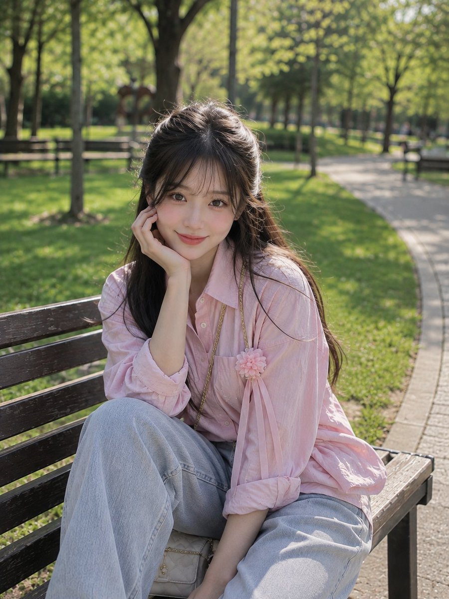 一位美丽的年轻东亚女性,坐在郁郁葱葱的公园里一张木质长椅上,正值明艳的春日午后,她身穿一件粉彩色超大号纽扣衬衫,搭配同色系宽松短裤,呈现出柔和休闲的美学风格;她有着深棕色的长发…