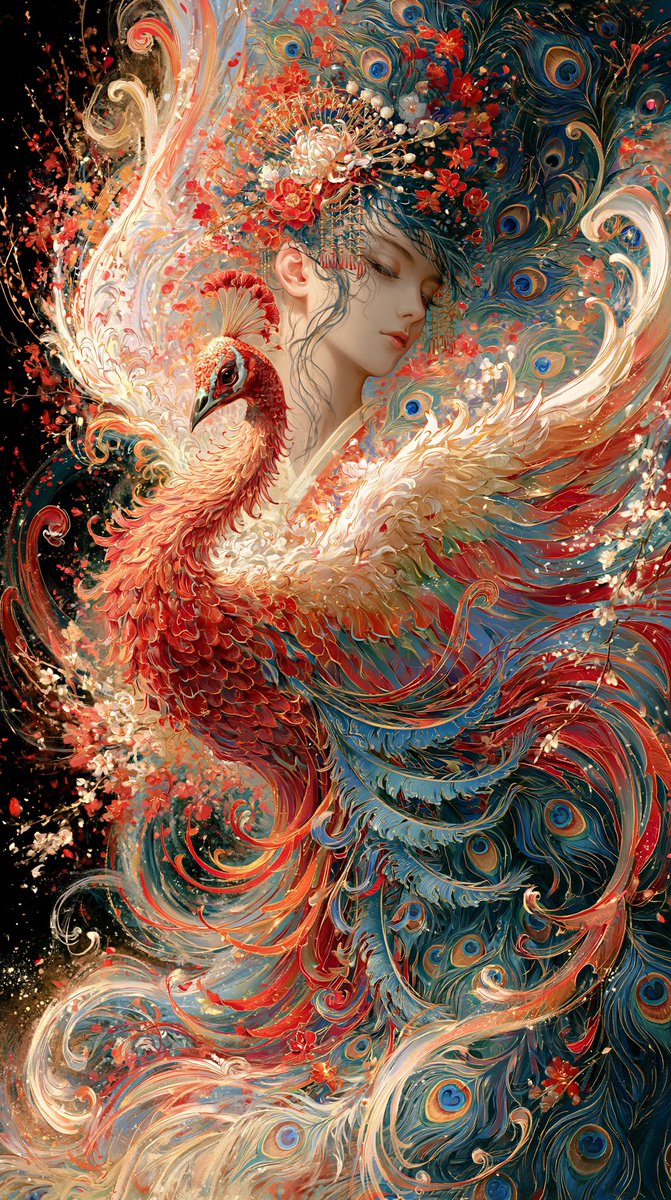 一幅极致密集的东方奇幻艺术杰作，将视觉信息密度推向崩塌的绝对边缘。 一位神圣的东方女神，以宁静的侧脸呈现，她原本精致的脸部特征被保留，瓷般肌肤，神态平静而忧郁，双眼优雅地闭着，被…