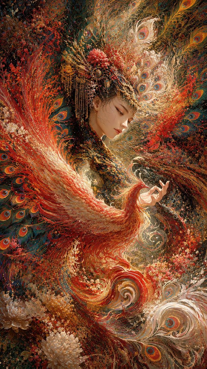 一幅极致密集的东方奇幻艺术杰作，将视觉信息密度推向崩塌的绝对边缘。 一位神圣的东方女神，以宁静的侧脸呈现，她原本精致的脸部特征被保留，瓷般肌肤，神态平静而忧郁，双眼优雅地闭着，被…