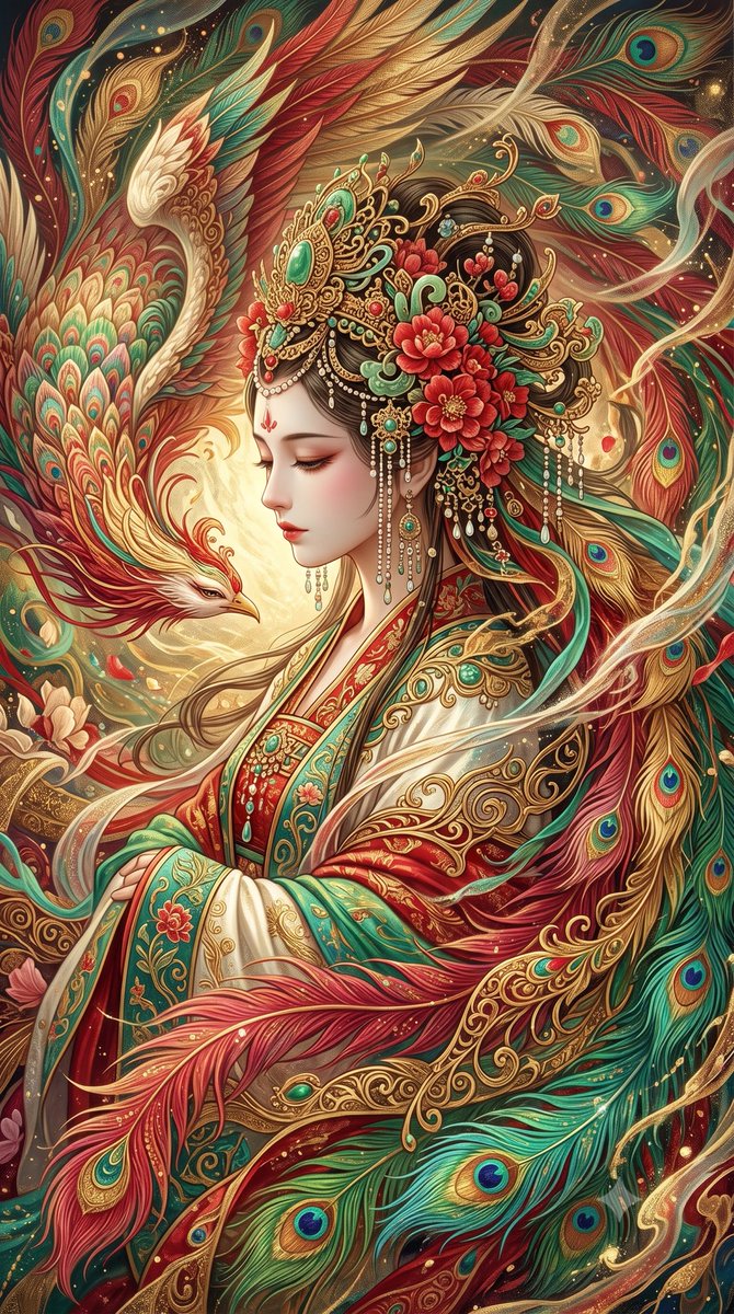 一幅极致密集的东方奇幻艺术杰作，将视觉信息密度推向崩塌的绝对边缘。 一位神圣的东方女神，以宁静的侧脸呈现，她原本精致的脸部特征被保留，瓷般肌肤，神态平静而忧郁，双眼优雅地闭着，被…