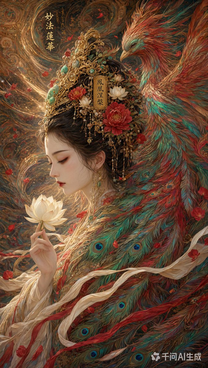 一幅极致密集的东方奇幻艺术杰作，将视觉信息密度推向崩塌的绝对边缘。 一位神圣的东方女神，以宁静的侧脸呈现，她原本精致的脸部特征被保留，瓷般肌肤，神态平静而忧郁，双眼优雅地闭着，被…