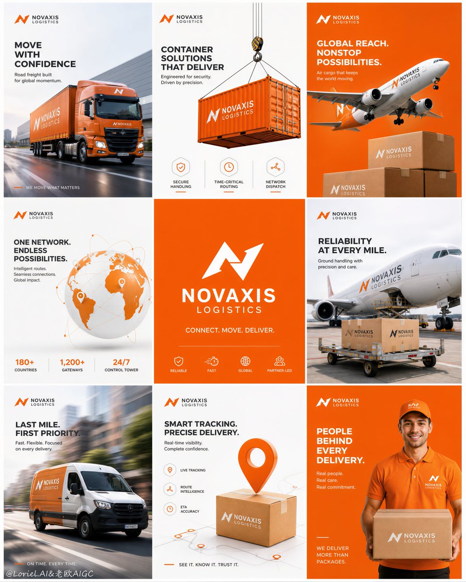 🚚 物流品牌做九宫格时,不要九张图都放卡车。让同一只包裹反复出现,才能把"速度、范围、信任、服务"变成一套完整的品牌记忆。 包裹不是道具,而是整场传播的主角。 ★ 同一只包裹作为…