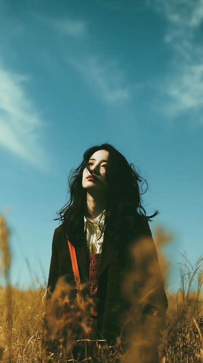 电影极简风格肖像:一位美丽的年轻东亚女性独自伫立在开阔的野花草甸上,头顶是无限的蓝天,她双眼微闭或半睁,仰望天空,仿佛在拥抱微风。乌黑长发自然蓬松,随风自由飘拂拂过面庞;肌肤如瓷…
