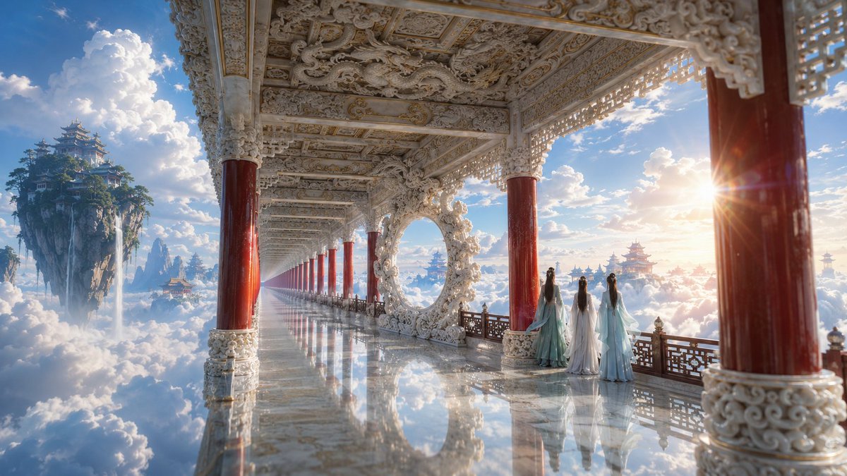 天宫仙女🧚♀️ 还是得加点人物才显得生动一点🤏 GPT- image 2 prompt 👇 一张电影感的东方仙侠场景图,cinematic wide shot,严格的 one-…