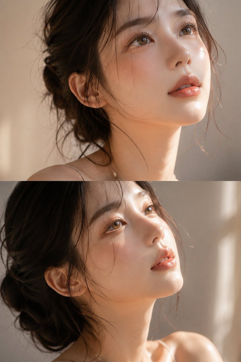 一张超写实的奢华美妆编辑特写肖像照，描绘一位年轻女性，拥有光泽瓷肌与晶莹剔透的玻璃肌质感，眼神柔和梦幻地向上凝视。细腻飘逸的深色发丝以优雅的发髻松散地垂落在脸…