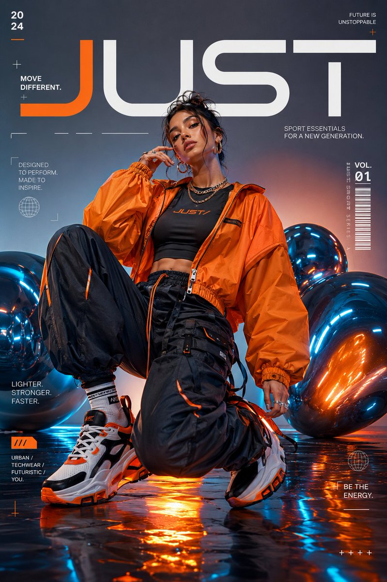 below 👇 创建一个真实感十足的高端时尚运动服饰杂志封面，主体为一位美丽的女性模特，呈现自信的全身姿势。她身穿一件时尚的白色短款夹克、带青绿色与紫色细节的黑色工装裤，以及厚底…