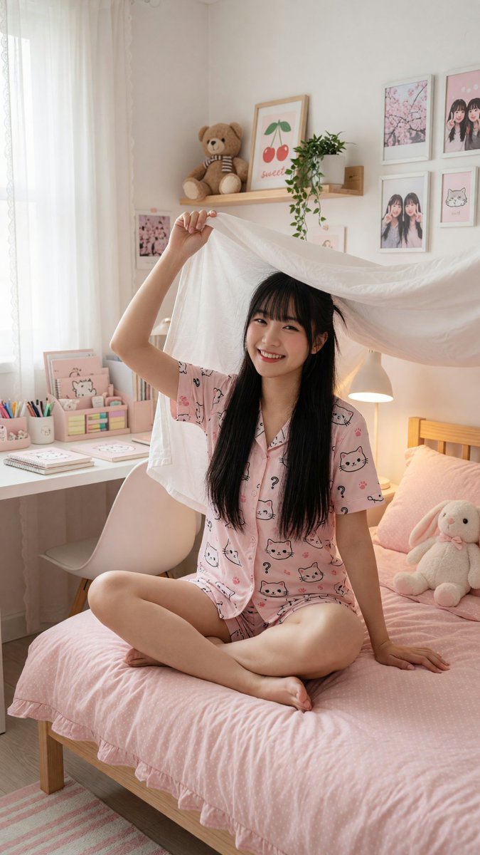 [Grok 图像质量提示词] | ar 9:16 2K 创建于 @TopviewAIhq @topviewaijp #Topview 粉色卧室 一位可爱的年轻东亚女性，二十出头…