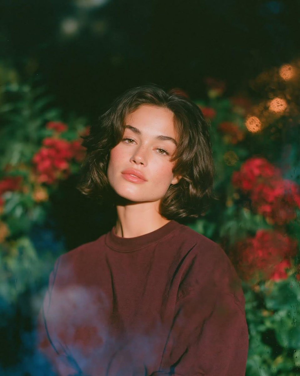 梦幻的电影感夜景人像：一位美丽的年轻女性，留着短款波浪深色头发，皮肤散发着自然光泽，身穿一件宽松的酒红色圆领卫衣，夜晚站在一座郁郁葱葱的花园中，园内开满了鲜艳的红色花朵和深绿色的…