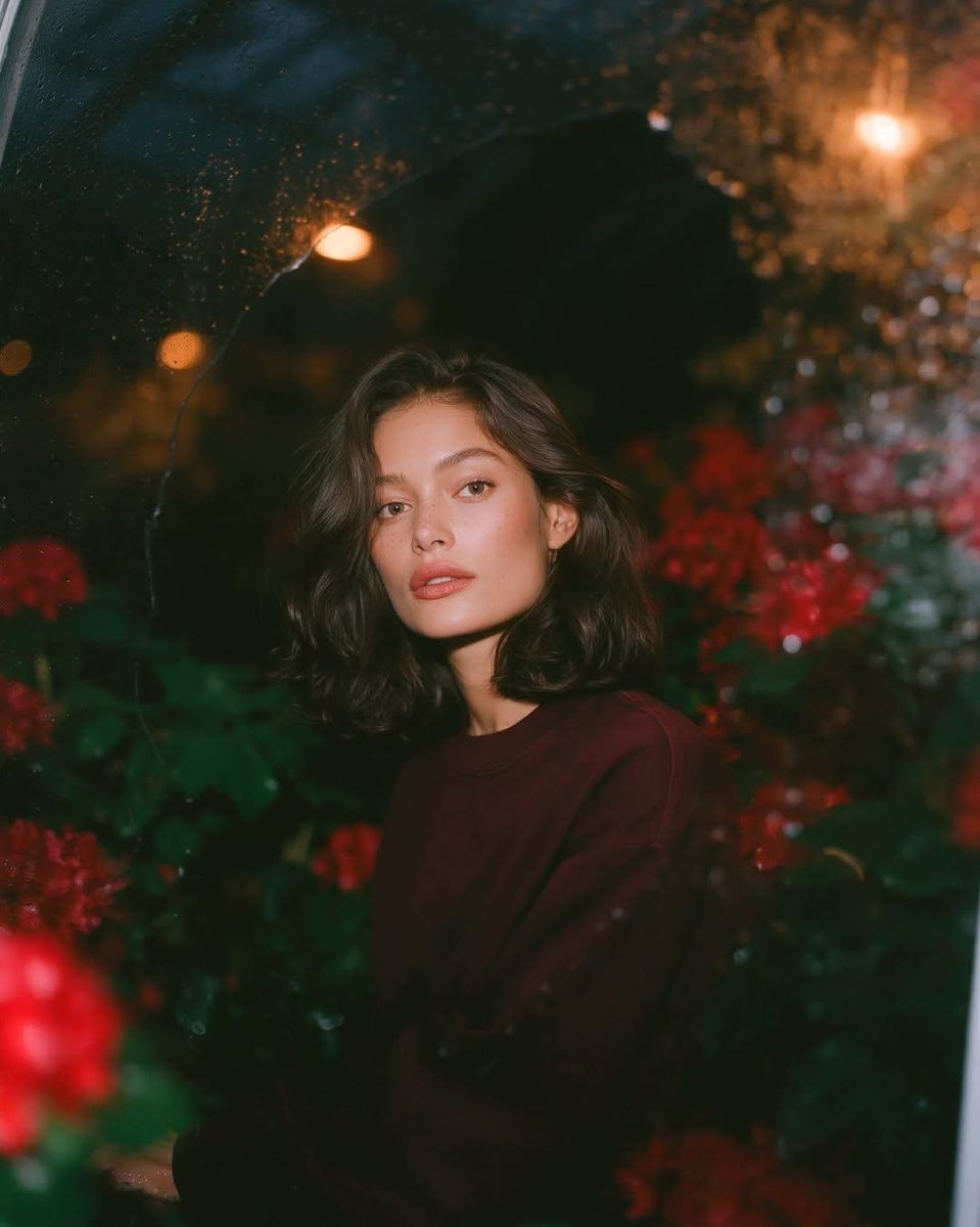 梦幻的电影感夜景人像：一位美丽的年轻女性，留着短款波浪深色头发，皮肤散发着自然光泽，身穿一件宽松的酒红色圆领卫衣，夜晚站在一座郁郁葱葱的花园中，园内开满了鲜艳的红色花朵和深绿色的…